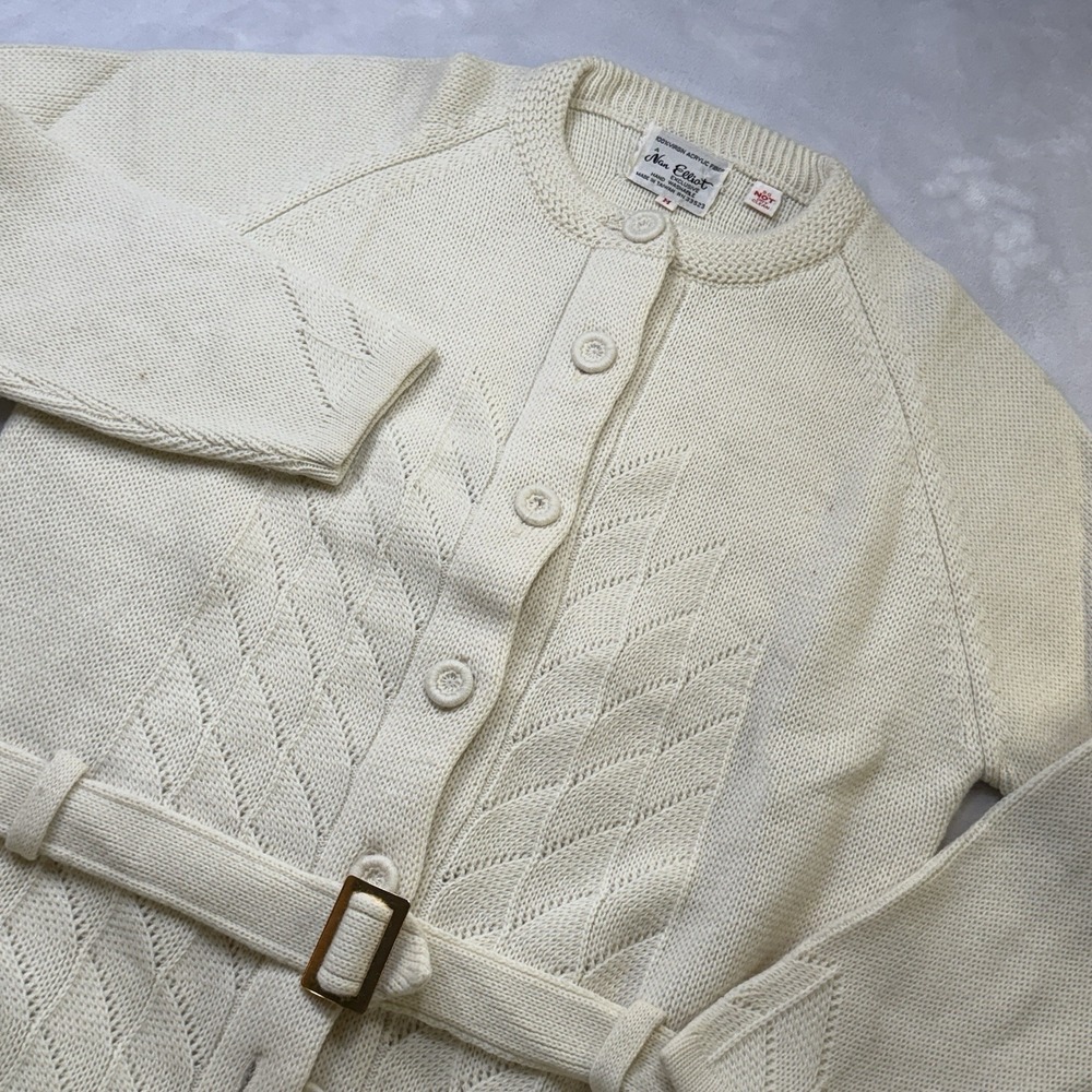 Vintage Nan Elliott Belted Cable Knit Cardigan Sweater Ivory Women's M 70s